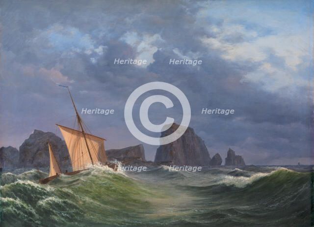A Shetland fishing boat in stormy weather north of the Orkneys, 1842. Creator: Anton Melbye.
