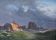 A Shetland fishing boat in stormy weather north of the Orkneys, 1842. Creator: Anton Melbye