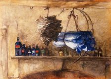 A shelf of bottles containing medicinal chemicals..., 1910-1950. Creator: Lucy Elizabeth Pierce