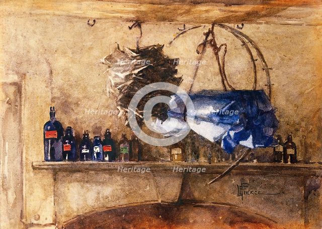 A shelf of bottles containing medicinal chemicals..., 1910-1950. Creator: Lucy Elizabeth Pierce.