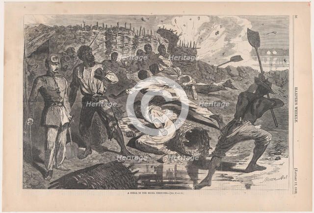 A Shell in Rebel Trenches (Harper's Weekly, Vol. VII), January 17, 1863. Creator: Unknown.