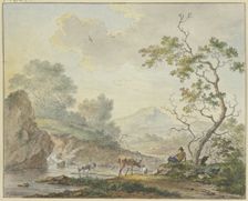 A shepherd with a cow and goats is by a waterfall. Creator: Johannes Christiaan Janson