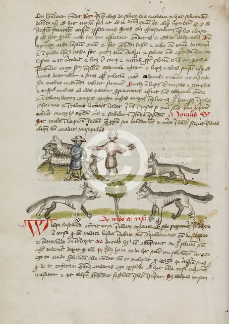 A Shepherd with his Dog and Flock: A Man Chasing Away a Wolf; Fables, third quarter of 15th century. Creator: Unknown.