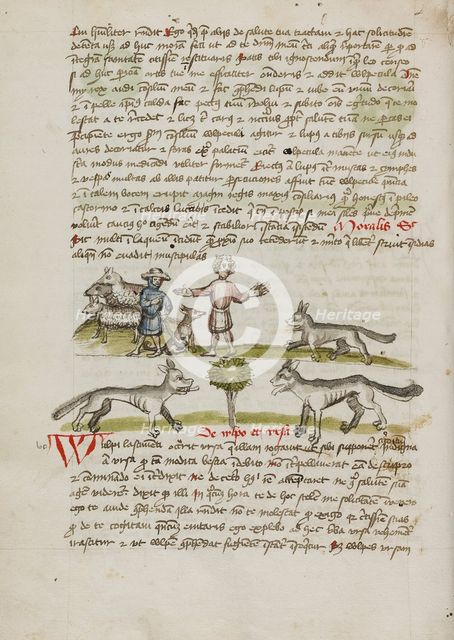 A Shepherd with his Dog and Flock: A Man Chasing Away a Wolf; Fables, third quarter of 15th century. Creator: Unknown.