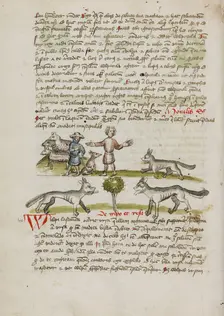 A Shepherd with his Dog and Flock: A Man Chasing Away a Wolf; Fables, third quarter of 15th century. Creator: Unknown