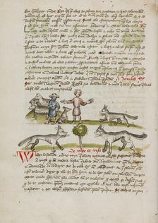 A Shepherd with his Dog and Flock: A Man Chasing Away a Wolf; Fables, third quarter of 15th century. Creator: Unknown