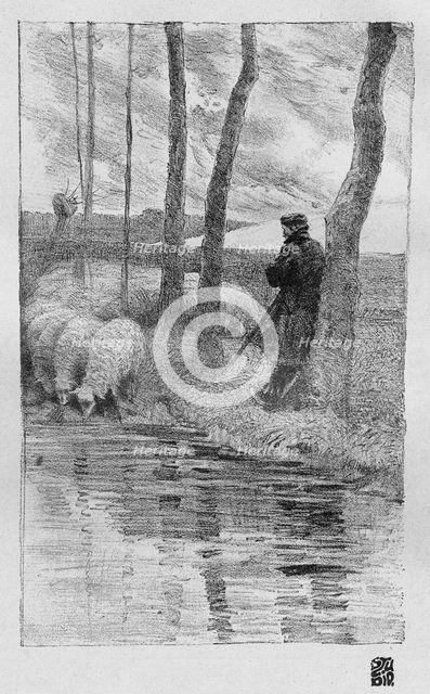 A shepherd with his flock by a river, 1899.Artist: Robert Hermann Sterl