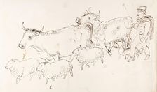 A Shepherd and His Dog Guarding a Flock of Sheep and Cows, 1825-1839. Creator: James Howe