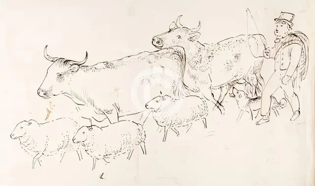 A Shepherd and His Dog Guarding a Flock of Sheep and Cows, 1825-1839. Creator: James Howe.
