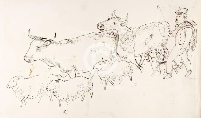 A Shepherd and His Dog Guarding a Flock of Sheep and Cows, 1825-1839. Creator: James Howe.