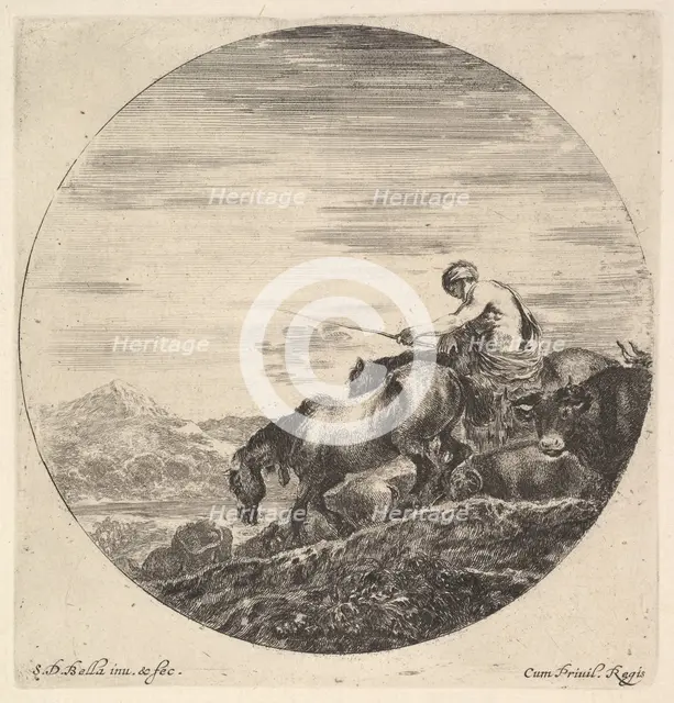 A shepherd at right, facing left, driving a group of animals downhill, a round comp..., ca. 1643-48. Creator: Stefano della Bella.