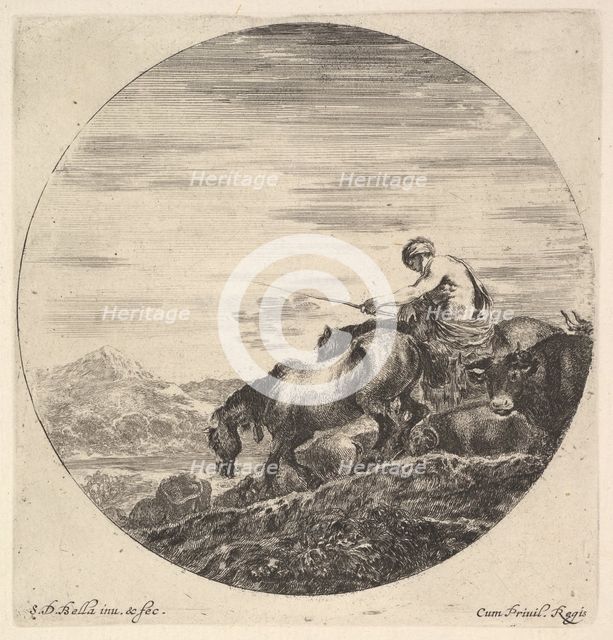 A shepherd at right, facing left, driving a group of animals downhill, a round comp..., ca. 1643-48. Creator: Stefano della Bella.