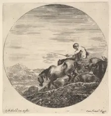 A shepherd at right, facing left, driving a group of animals downhill, a round comp..., ca. 1643-48. Creator: Stefano della Bella
