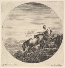 A shepherd at right, facing left, driving a group of animals downhill, a round comp..., ca. 1643-48. Creator: Stefano della Bella