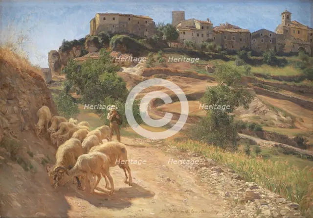 A shepherd boy with his sheep at Cività d'Antino, 1886. Creator: Joakim Skovgaard.