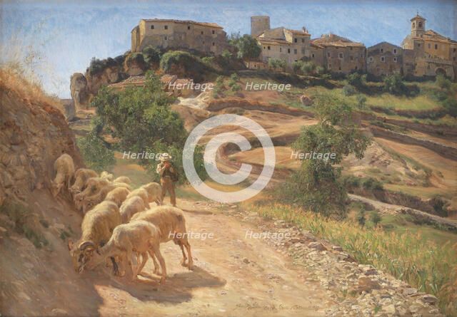A shepherd boy with his sheep at Cività d'Antino, 1886. Creator: Joakim Skovgaard.