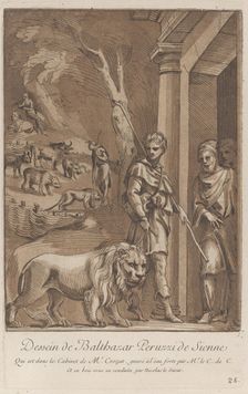 A shepherd holding a lion on a leash in the foreground, in the middle ground the sh..., ca. 1729-64. Creators: Caylus, Anne-Claude-Philippe de, Nicolas Le Sueur