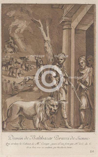 A shepherd holding a lion on a leash in the foreground, in the middle ground the sh..., ca. 1729-64. Creators: Caylus, Anne-Claude-Philippe de, Nicolas Le Sueur.