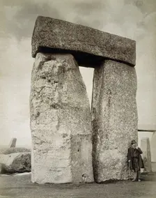 A shepherd posing at Stonehenge on Salisbury Plain, Wiltshire, 19th century. Creator: Unknown