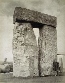 A shepherd posing at Stonehenge on Salisbury Plain, Wiltshire, 19th century