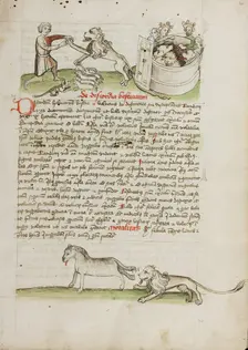 A Shepherd Protecting his Flock from a Lion and a Shepherd and..., third quarter of 15th century. Creator: Unknown