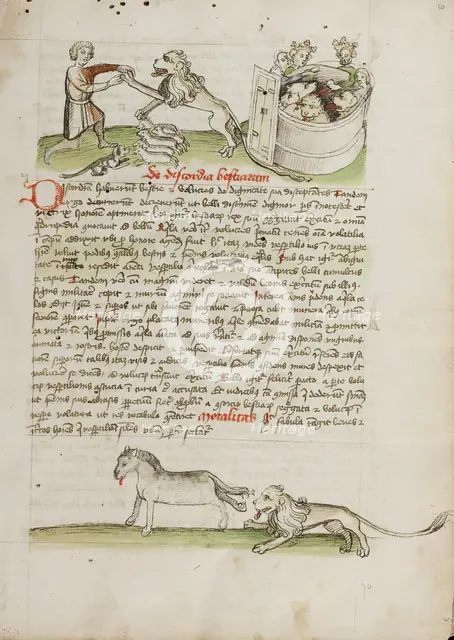 A Shepherd Protecting his Flock from a Lion and a Shepherd and..., third quarter of 15th century. Creator: Unknown.