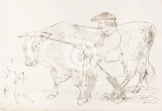 A shepherd pulling his bull, 1825-1839. Creator: James Howe.