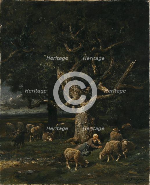 A Shepherdess and her Sheep. Creator: Charles Emile Jacque.