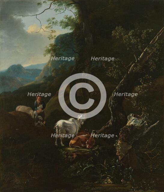 A Sherpherdess with Animals in a Mountainous Landscape, 1649-1673. Creator: Adam Pynacker.