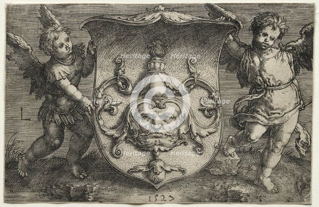 A Shield Bearing a Mask Supported by Two Genii, 1527. Creator: Lucas van Leyden (Dutch, 1494-1533).