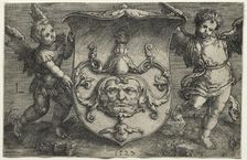 A Shield Bearing a Mask Supported by Two Genii, 1527. Creator: Lucas van Leyden (Dutch, 1494-1533)