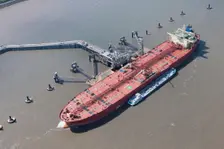 A ship moored up at floating stage on the River Mersey at Tranmere Oil Terminal, Wirral, 2015. Creator: Historic England