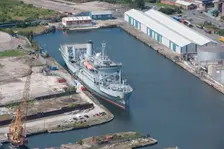 A ship moored up at Ilchester Wharf, West Float, Birkenhead, Wirral, 2015. Creator: Historic England