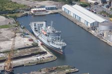 A ship moored up at Ilchester Wharf, West Float, Birkenhead, Wirral, 2015. Creator: Historic England