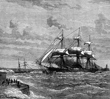 A ship on fire in Kingstown Harbour, 1873. Creator: Unknown