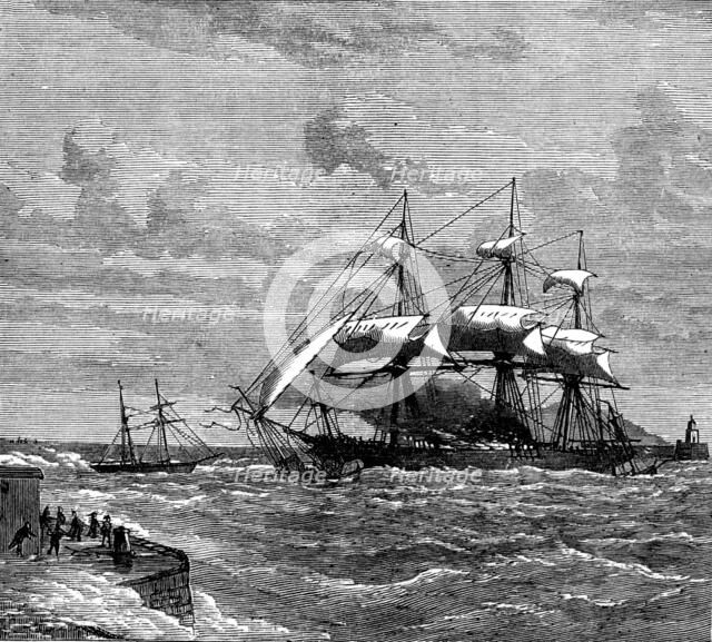 A ship on fire in Kingstown Harbour, 1873. Creator: Unknown.