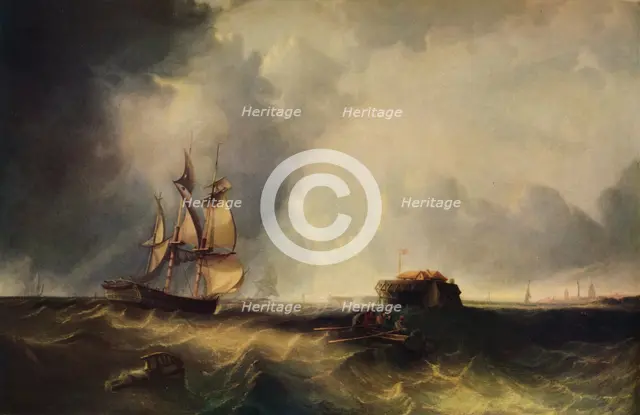 'A ship, and men in a rowing boat off Calais', c1830, (1938). Artist: Unknown.