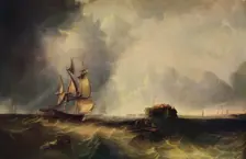 A ship, and men in a rowing boat off Calais c1830, (1938)