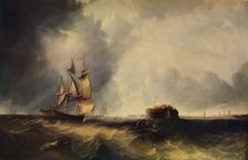 A ship, and men in a rowing boat off Calais c1830, (1938)