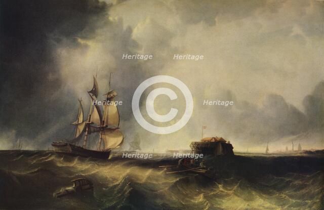 'A ship, and men in a rowing boat off Calais', c1830, (1938). Artist: Unknown.