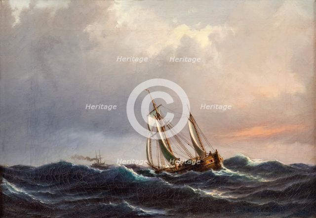 A ship in high seas at sunset, 1847. Creator: Anton Melbye.