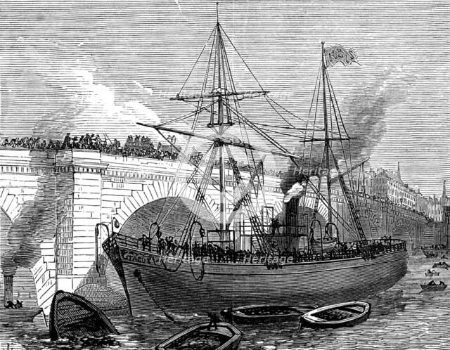 A ship running foul of London Bridge, 1873. Creator: Unknown.