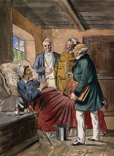 A sick man at home in bed discussing his case with three physicians, c1760s. Creator: Tobias Müller