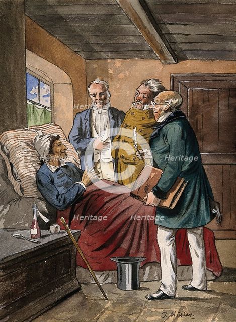 A sick man at home in bed discussing his case with three physicians, c1760s. Creator: Tobias Müller.