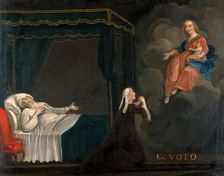 A sick man in bed, a woman praying to the Virgin and Child, c1750s. Creators: Unknown, Du Moulin