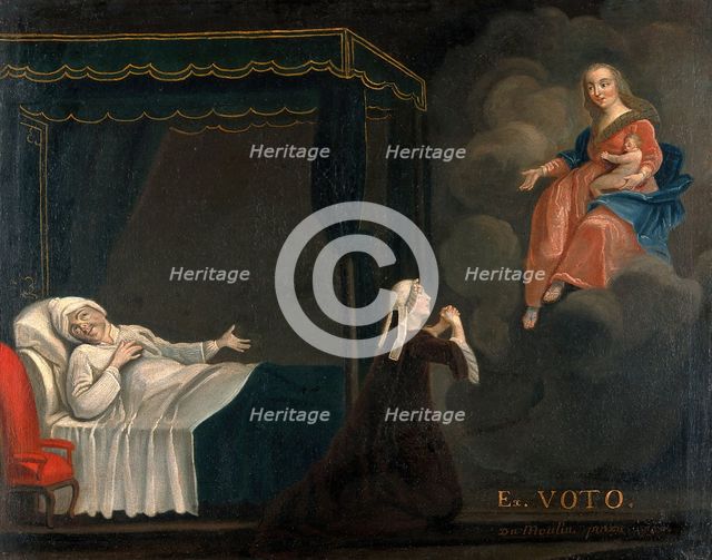 A sick man in bed, a woman praying to the Virgin and Child, c1750s. Creators: Unknown, Du Moulin.