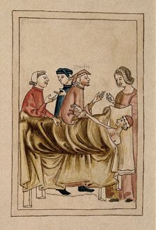 A sick man lies in bed while a physician takes his pulse and others consult. Creator: Unknown