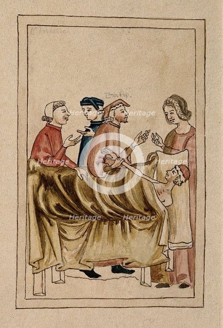 A sick man lies in bed while a physician takes his pulse and others consult. Creator: Unknown.