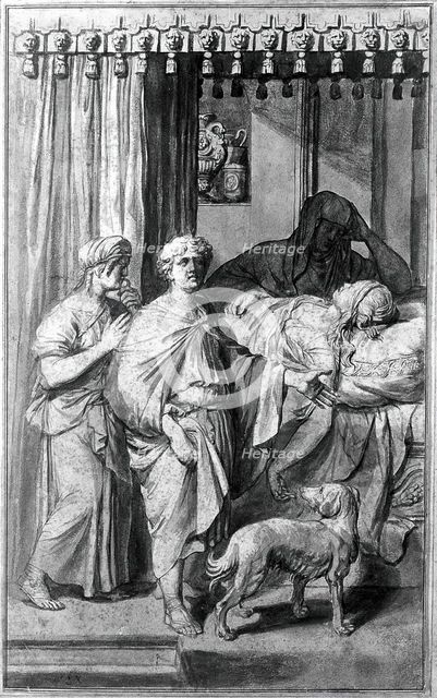 A sick, dying or dead woman lying on a bed in the presence of three figures, c1700. Creator: Gerard Hoet.