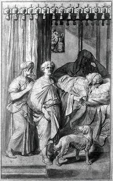 A sick, dying or dead woman lying on a bed in the presence of three figures, c1700. Creator: Gerard Hoet